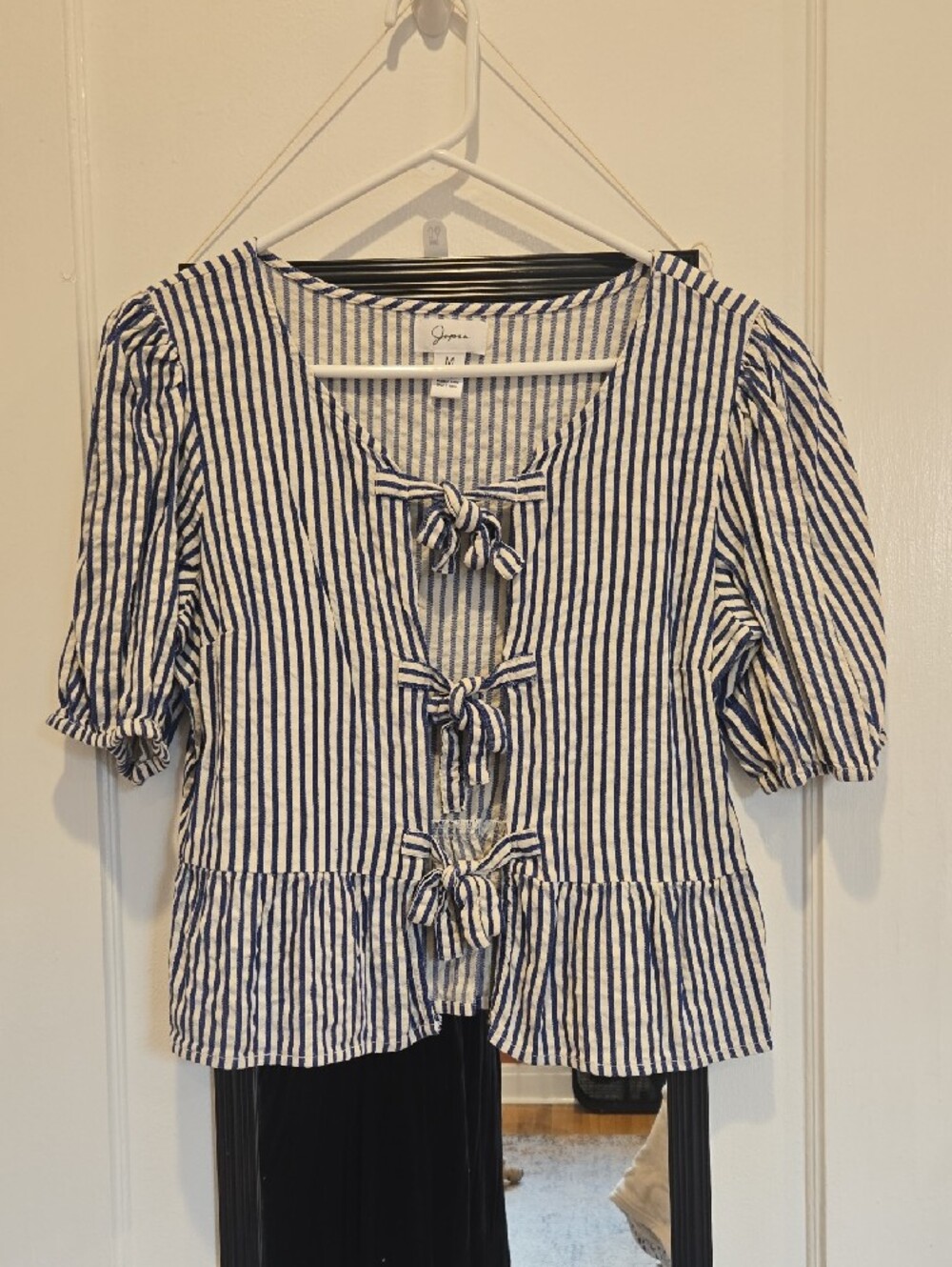 Japna Navy and White Striped Tie-Front Peplum Blouse